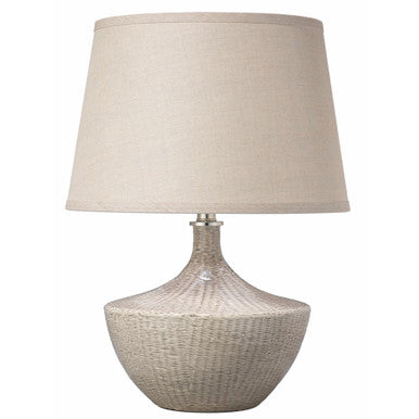 Jamie Young Basketweave Table Lamp in Off White Ceramic with Medium Open Cone Shade in Natural Linen 9BASKWHC255M