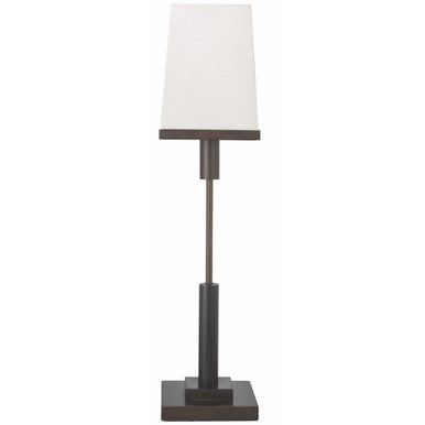 Jamie Young Jud Table Lamp in Oil Rubbed Bronze with Small Square Open Cone Shade in White Linen 9JUDOBSQ131S