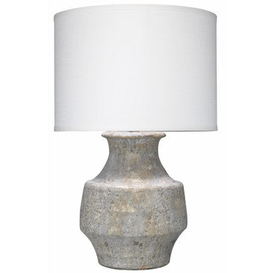 Jamie Young Masonry Table Lamp in Grey Ceramic with Classic Drum Shade in White Linen 9MASOGRD131C