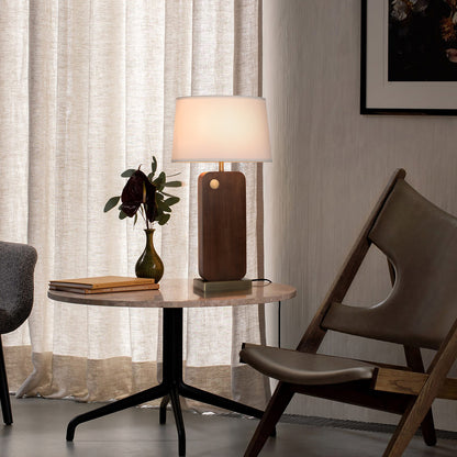 Nova of California Laurel Table Lamp - Dark Walnut Wood Finish, Weathered Brass, White Linen Shade 1011513DW