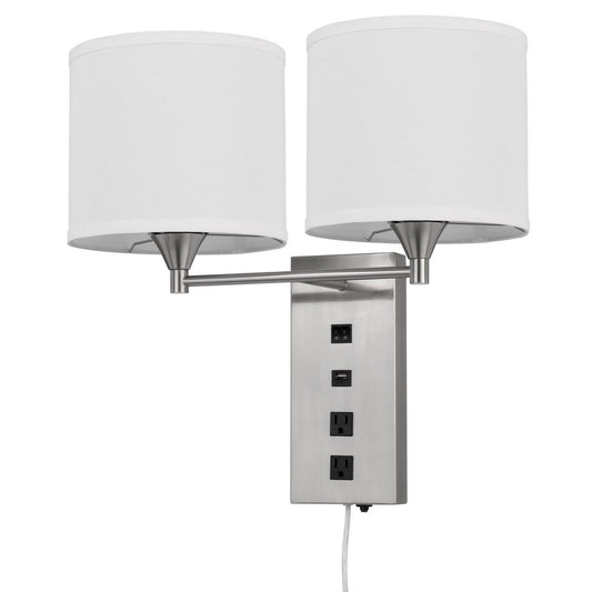 CAL Lighting 60W x 2 Reedsport wall lamp with 2 power outlets and 1 USB charging port Brushed Steel LA-8049W2L-1