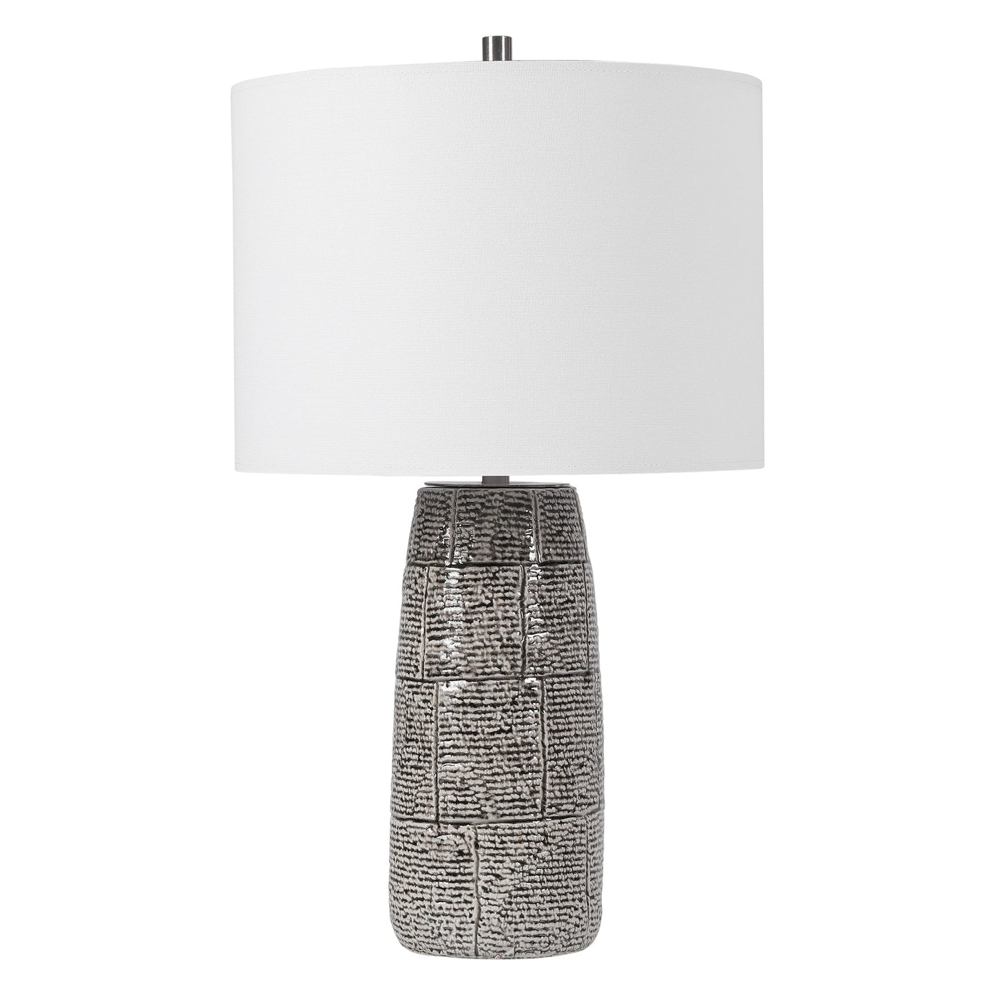 Lily Lifestyle Black And White Ceramic Table Lamp In Offset Brick Pattern, With Brushed Nickel Details