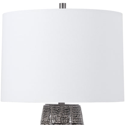 Lily Lifestyle Black And White Ceramic Table Lamp In Offset Brick Pattern, With Brushed Nickel Details