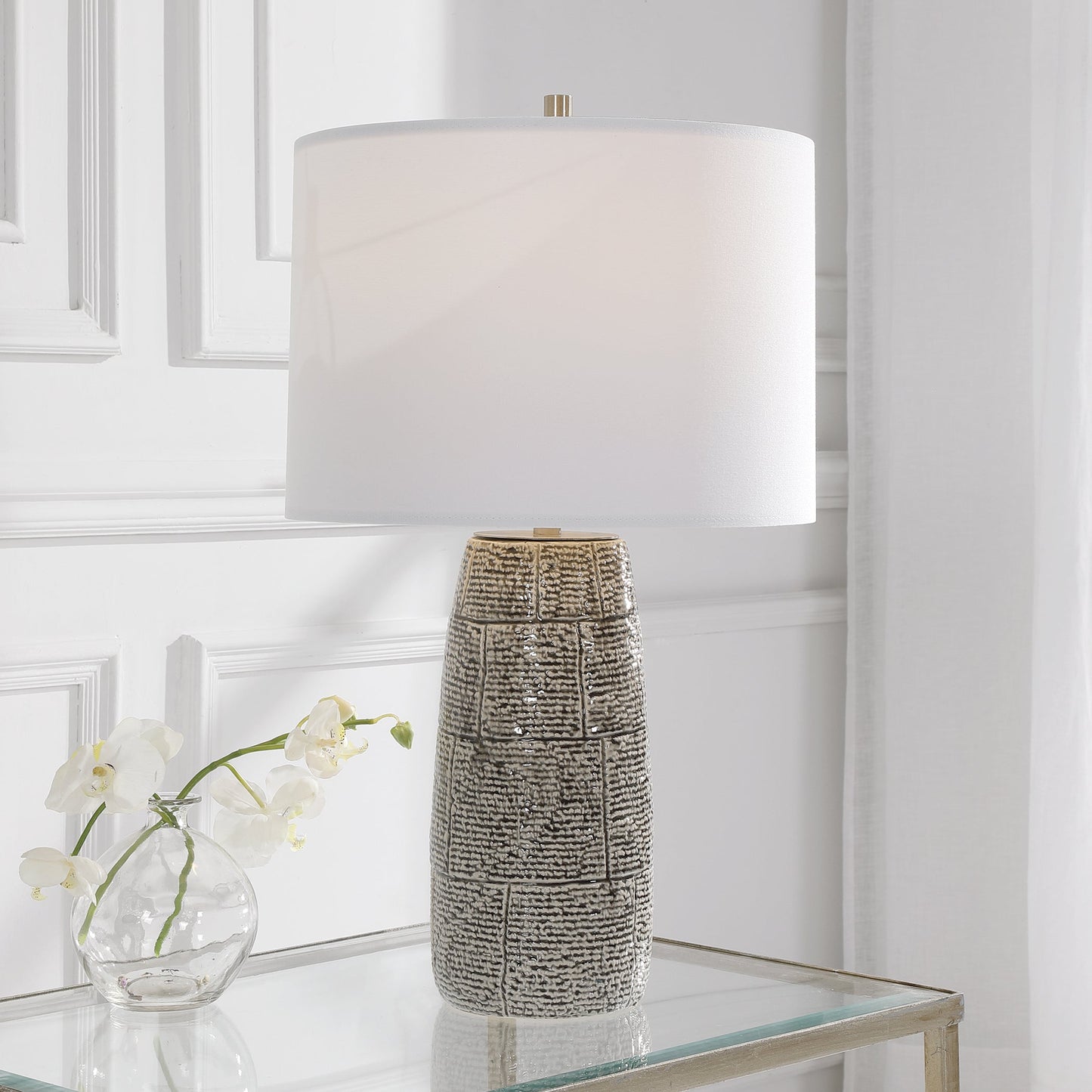 Lily Lifestyle Black And White Ceramic Table Lamp In Offset Brick Pattern, With Brushed Nickel Details