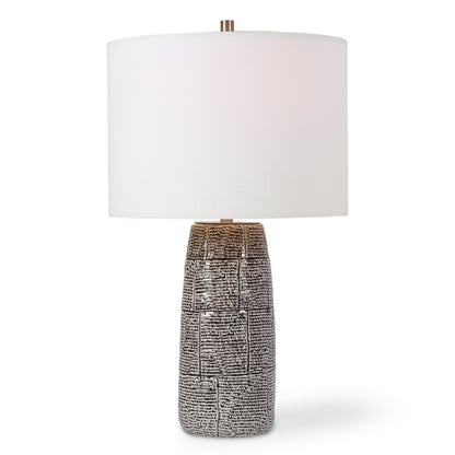 Lily Lifestyle Black And White Ceramic Table Lamp In Offset Brick Pattern, With Brushed Nickel Details