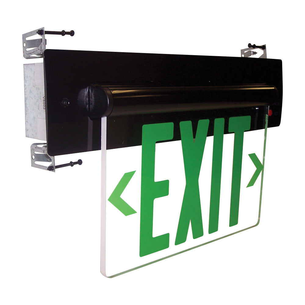 Nora Lighting Recessed Adjustable LED Edge-Lit Exit Sign, Battery Backup, 6" Green Letters, Single Face / Clear Acrylic, Black Housing NX-815-LEDGCB