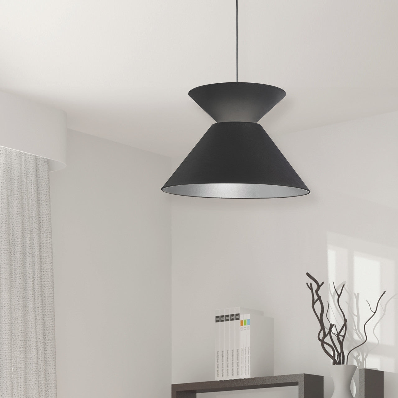 Dainolite 1 Light Patricia Pendant, Matte Black with Black/Silver Shade PAT-181P-BK-697