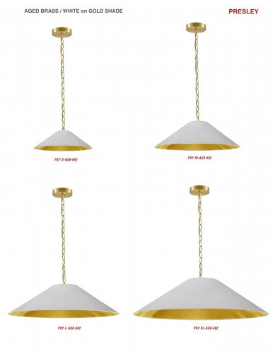 Dainolite 1 Light Incandescent Pendant, Aged Brass with White / Gold Shade PSY-L-AGB-692