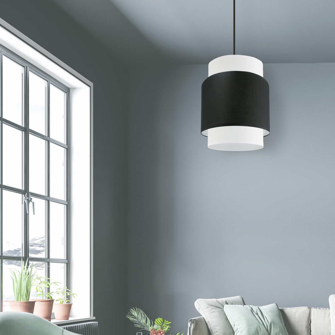 Dainolite 1 Light Incandescent Pendant, Matte Black with Black / White Shade PYA-141P-MB-BW