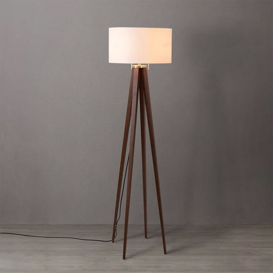 Nova of California Quattro Floor Lamp - Dark Walnut Wood Finish & Weathered Brass, White Linen Shade, Dimmer 20859DW