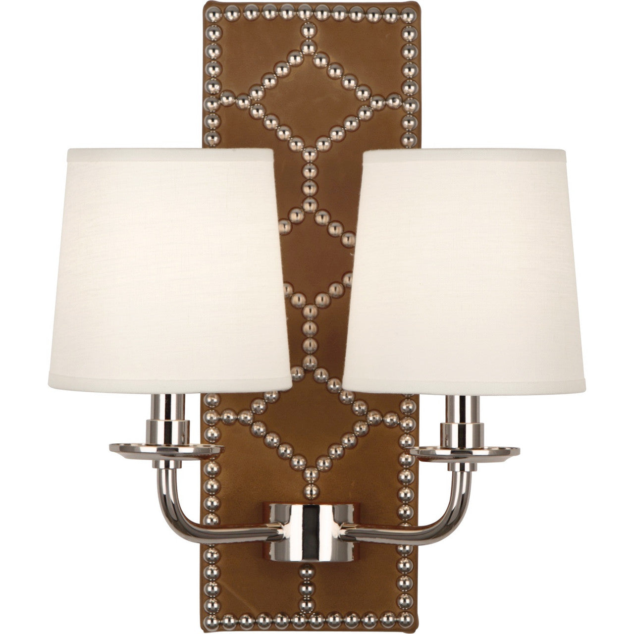 Robert Abbey Williamsburg Lightfoot Wall Sconce in Backplate Upholstered in English Ochre Leather with Nailhead Detail and Polished Nickel Accents S1030