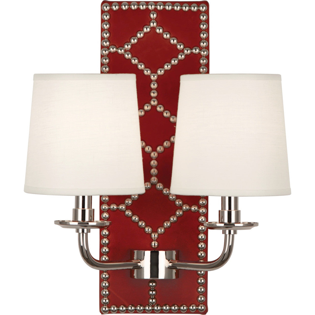 Robert Abbey Williamsburg Lightfoot Wall Sconce in Backplate Upholstered in Dragons Blood Leather with Nailhead Detail and Polished Nickel Accents S1031