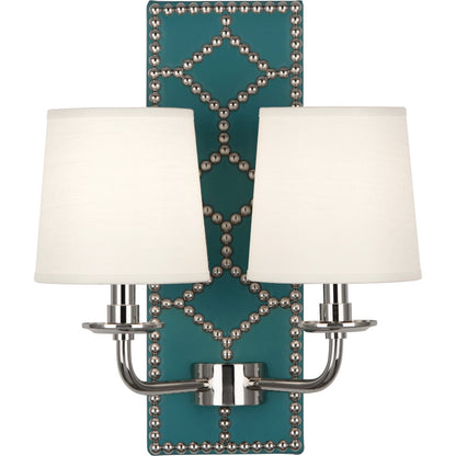 Robert Abbey Williamsburg Lightfoot Wall Sconce in Backplate Upholstered in Mayo Teal Leather with Nailhead Detail and Polished Nickel Accents S1033