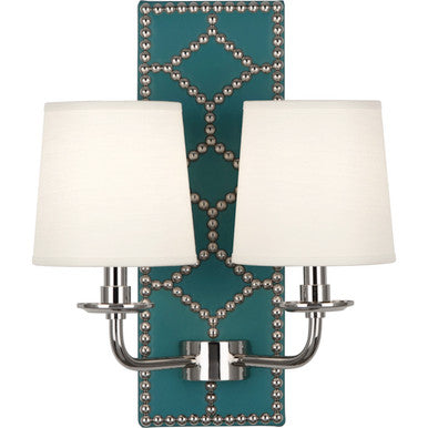 Robert Abbey Williamsburg Williamsburg Lightfoot Wall Sconce in Backplate Upholstered in Mayo Teal Leather with Nailhead Detail and Polished Nickel Accents S1033