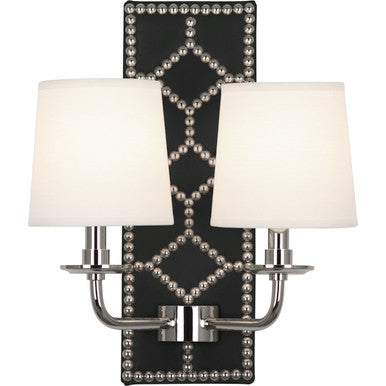 Robert Abbey Williamsburg Williamsburg Lightfoot Wall Sconce in Backplate Upholstered in Blacksmith Black Leather with Nailhead Detail and Polished Nickel Accents S1035