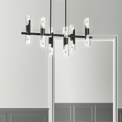 Dainolite 12 Light Horizontal Matte Black Chandelier w/ Clear Fluted Glass SAM-4012HC-MB