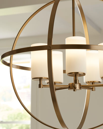 Generation Lighting Alturas contemporary 5-light indoor dimmable ceiling chandelier pendant light in satin brass gold finish with etched white inside glass shades 3124605-848