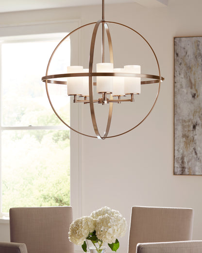 Generation Lighting Alturas contemporary 5-light indoor dimmable ceiling chandelier pendant light in satin brass gold finish with etched white inside glass shades 3124605-848