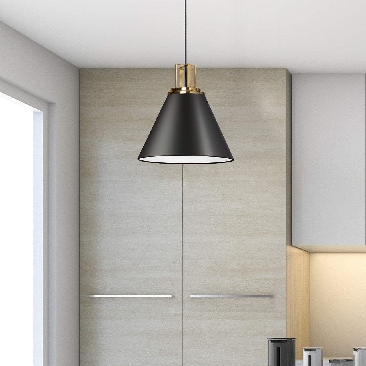 Dainolite 1 Light Incandescent Pendant, Matte Black w/ Aged Brass Accent SNS-141P-MB-AGB