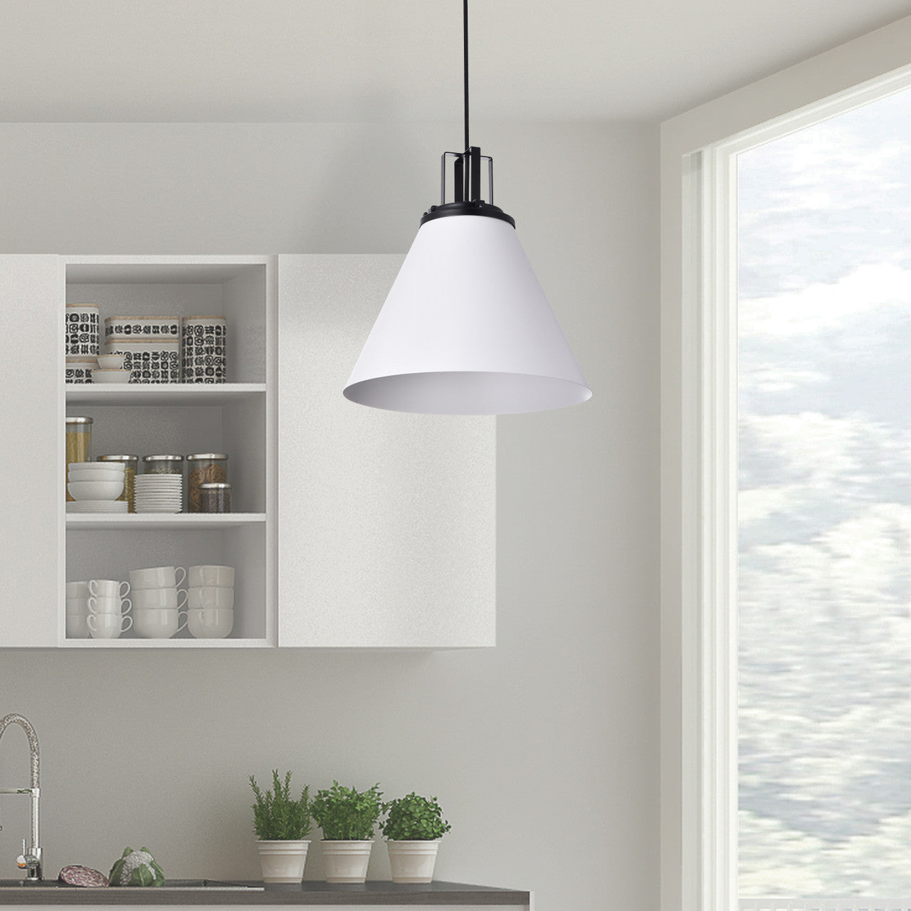 Dainolite 1 Light Incandescent Pendant, Matte White with Matte Black Accent SNS-141P-MW-MB