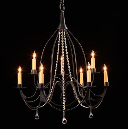 Crystal Bell 9 Candle 2 Tier with Crystal Strands & Teardrops Chandelier by Studio Steel 122C