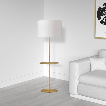 Dainolite 1 Light Aged Brass Incandescent Floor Lamp, Round Base with Shelf with White Shade TAB-R591F-AGB-WH