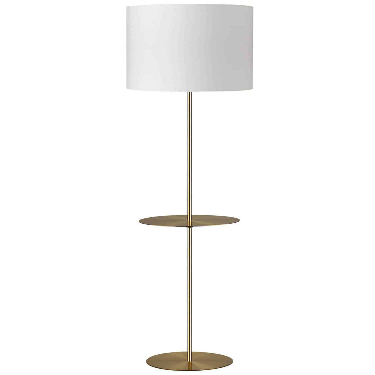 Dainolite 1 Light Aged Brass Incandescent Floor Lamp, Round Base with Shelf with White Shade TAB-R591F-AGB-WH