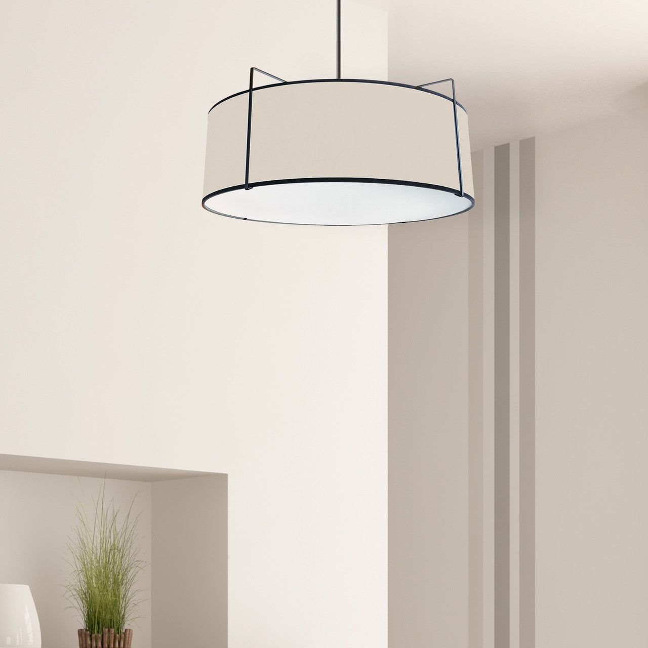 Dainolite 4 Light Drum Pendant Black/Cream Shade w/ White Fabric Diffuser  TRA-244P-BK-CRM