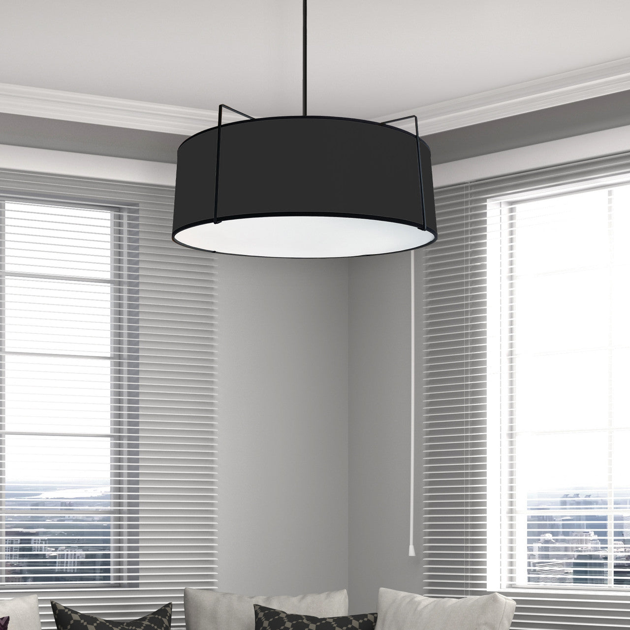 Dainolite 4 Light Drum Pendant Black Shade w/ White Fabric Diffuser  TRA-244P-BK