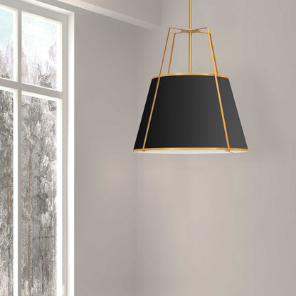 Dainolite 3 Light Trapezoid Pendant Gold/Black Shade w/ White Fabric Diffuser  TRA-3P-GLD-BK