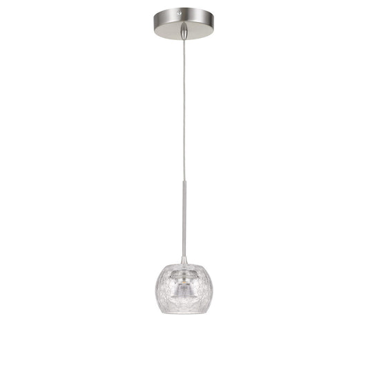 CAL Lighting Ithaca 3000K, 8W, 700 Lumen, 90 CRI Dimmable LED Glass Mini Pendant With Clear Crackle Glass Brushed Steel UP-1122