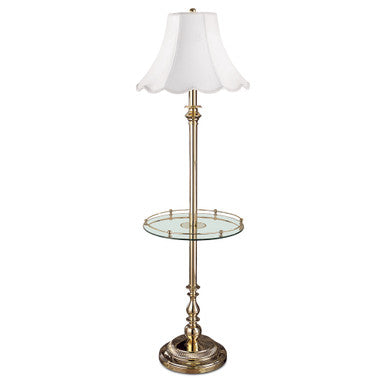 Lite Master Charleston Table Floor Lamp in Polished Solid Brass with Glass Table and Scalloped Shade F761PB-SR