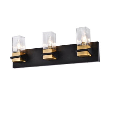 Dainolite 3 Light Incandescent Vanity, Matte Black & Aged Brass w/ Clear Glass VER-243W-MB-AGB