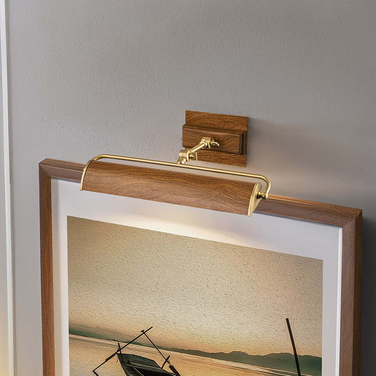 Lucas McKearn Winchfield Medium Picture Light in Aged Brass with Oak Accents in Aged Brass WINCHFIELD-PLM-AB-OAK