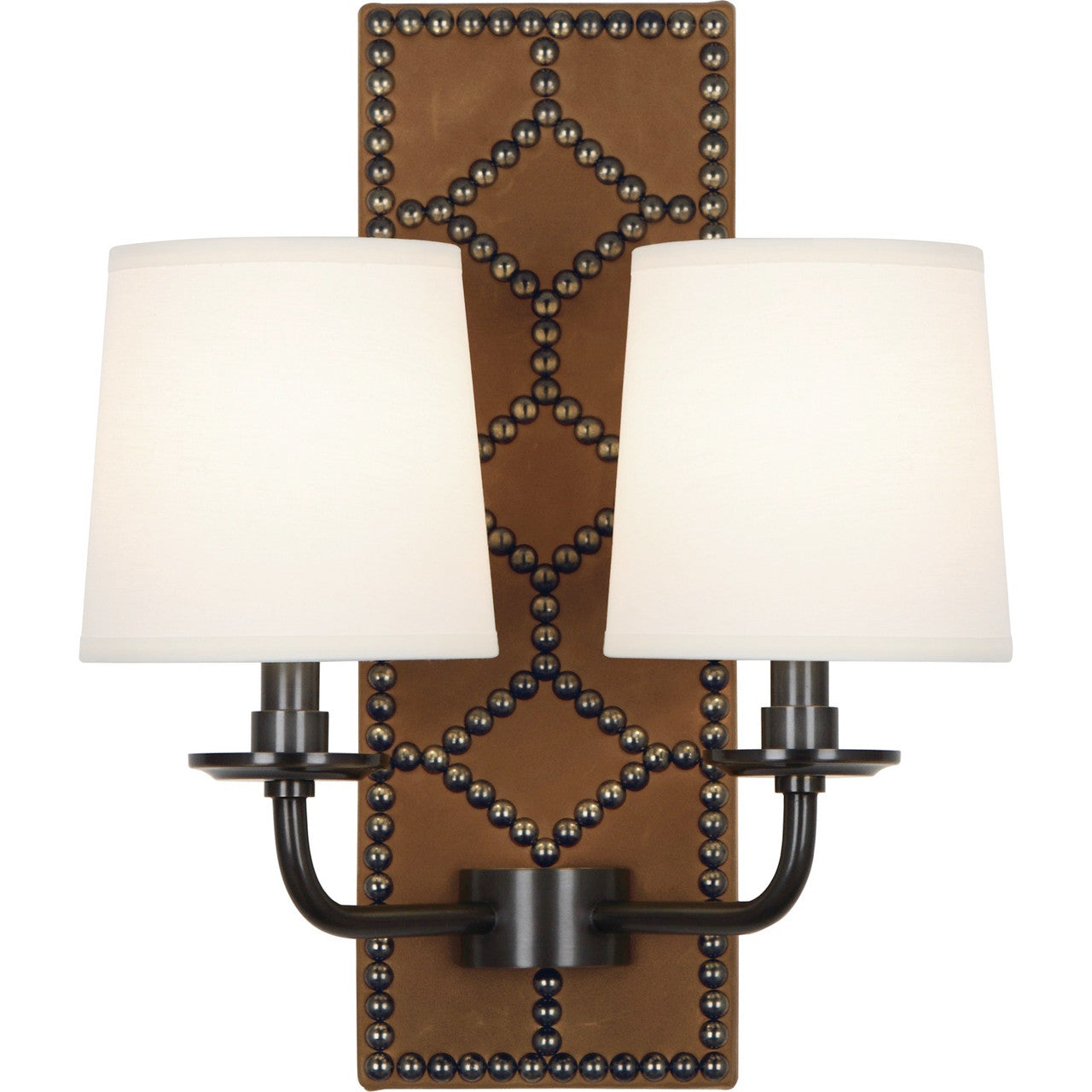 Robert Abbey Williamsburg Lightfoot Wall Sconce in Backplate Upholstered in English Ochre Leather with Nailhead Detail and Deep Patina Bronze Accents Z1030