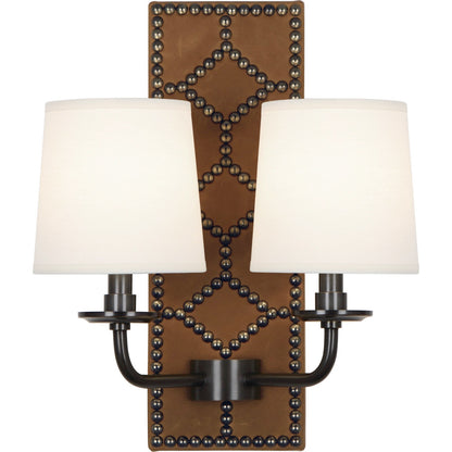 Robert Abbey Williamsburg Lightfoot Wall Sconce in Backplate Upholstered in English Ochre Leather with Nailhead Detail and Deep Patina Bronze Accents Z1030