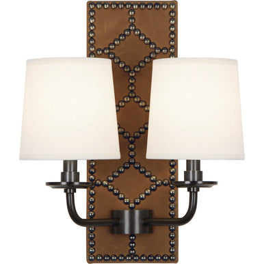 Robert Abbey Williamsburg Williamsburg Lightfoot Wall Sconce in Backplate Upholstered in English Ochre Leather with Nailhead Detail and Deep Patina Bronze Accents Z1030