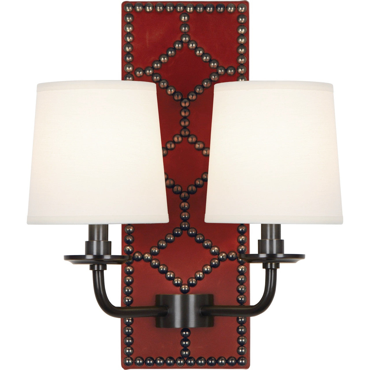 Robert Abbey Williamsburg Lightfoot Wall Sconce in Backplate Upholstered in Dragons Blood Leather with Nailhead Detail and Deep Patina Bronze Accents Z1031