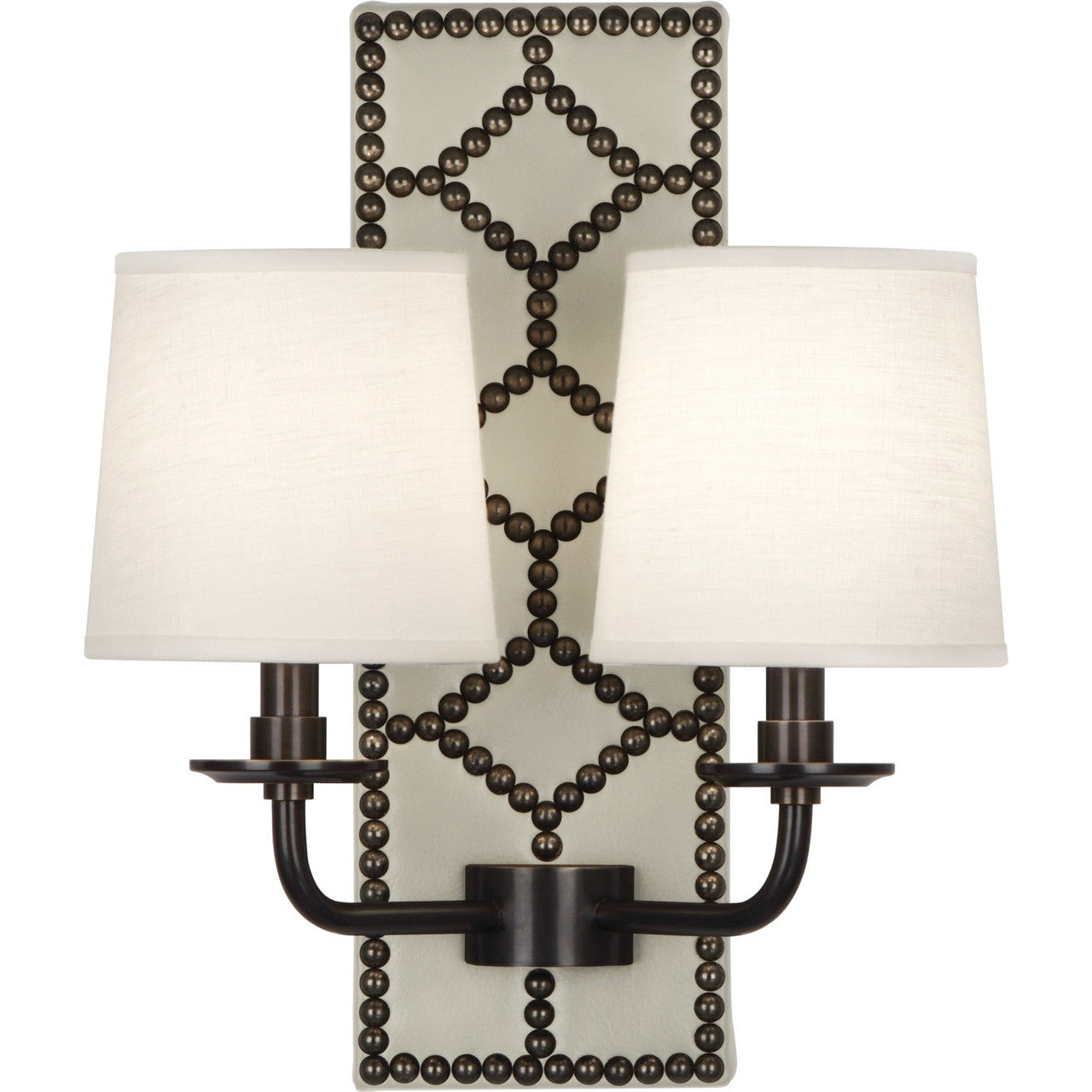 Robert Abbey Williamsburg Lightfoot Wall Sconce in Backplate Upholstered in Bruton White Leather with Nailhead Detail and Deep Patina Bronze Accents Z1032