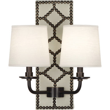 Robert Abbey Williamsburg Williamsburg Lightfoot Wall Sconce in Backplate Upholstered in Bruton White Leather with Nailhead Detail and Deep Patina Bronze Accents Z1032