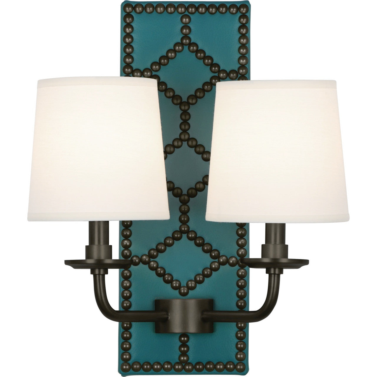 Robert Abbey Williamsburg Lightfoot Wall Sconce in Backplate Upholstered in Mayo Teal Leather with Nailhead Detail and Deep Patina Bronze Accents Z1033