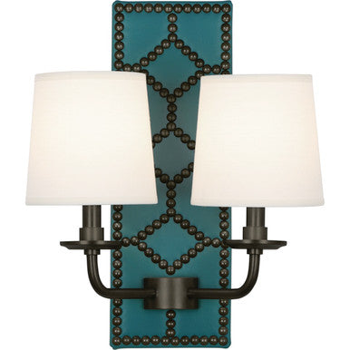 Robert Abbey Williamsburg Williamsburg Lightfoot Wall Sconce in Backplate Upholstered in Mayo Teal Leather with Nailhead Detail and Deep Patina Bronze Accents Z1033