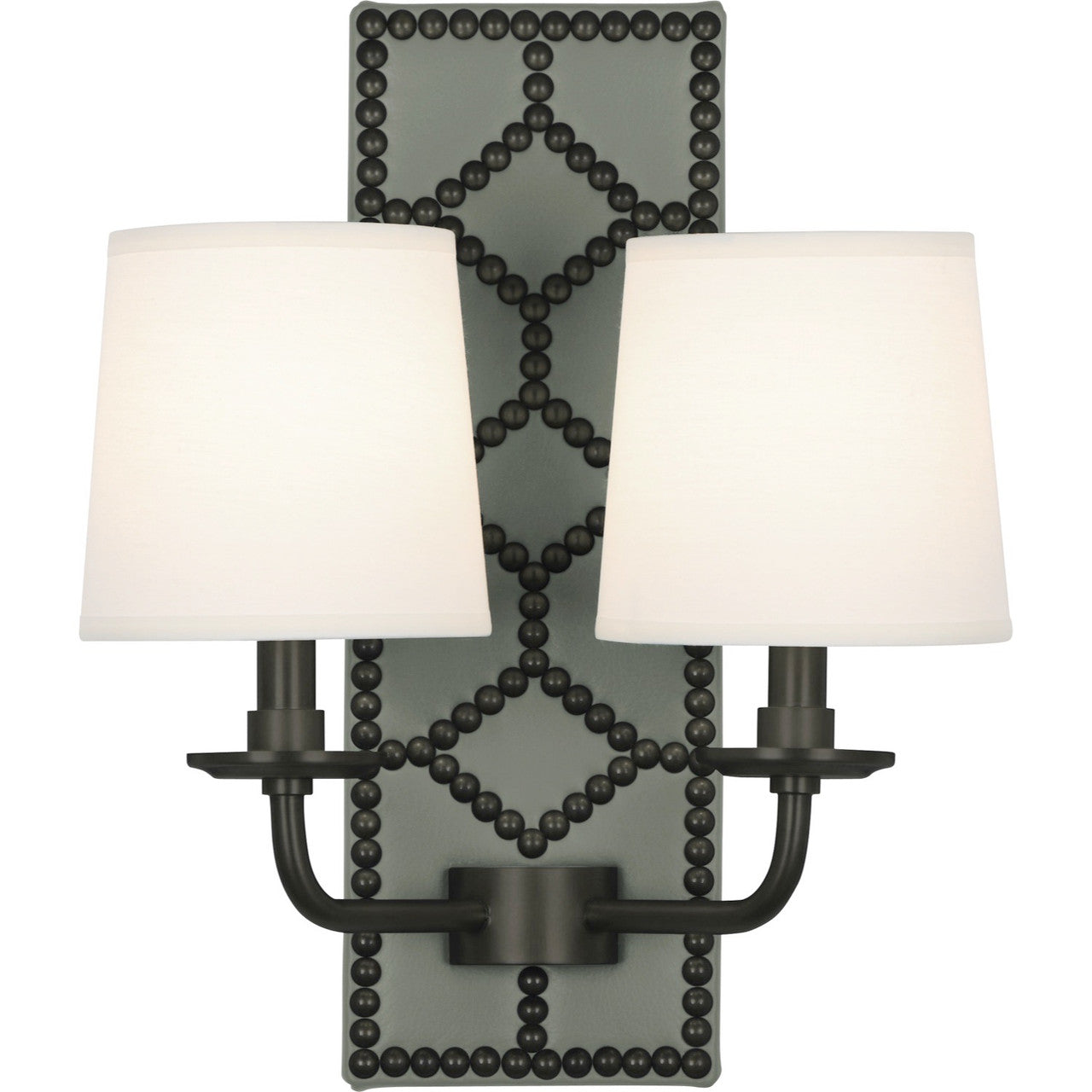 Robert Abbey Williamsburg Lightfoot Wall Sconce in Backplate Upholstered in Carter Gray Leather with Nailhead Detail and Deep Patina Bronze Accents Z1034