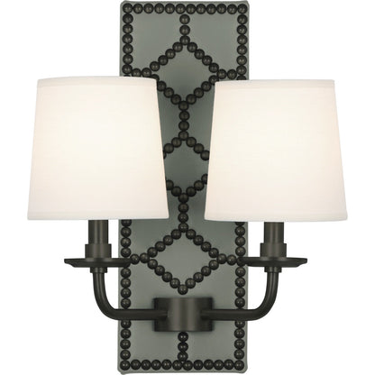 Robert Abbey Williamsburg Lightfoot Wall Sconce in Backplate Upholstered in Carter Gray Leather with Nailhead Detail and Deep Patina Bronze Accents Z1034