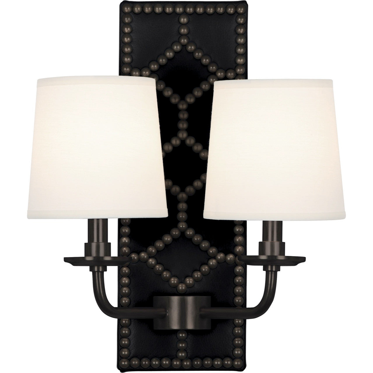 Robert Abbey Williamsburg Lightfoot Wall Sconce in Backplate Upholstered in Blacksmith Black Leather with Nailhead Detail and Deep Patina Bronze Accents Z1035