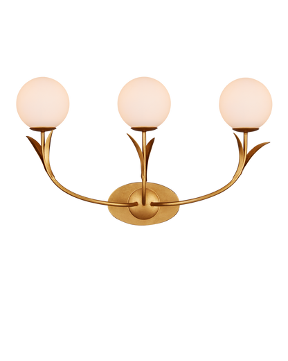 Currey & Co Rossville Triple-Light Wall Sconce in Contemporary Gold Leaf/Sugar White/Frosted White 5000-0261