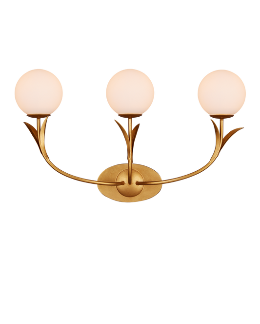 Currey & Co Rossville Triple-Light Wall Sconce in Contemporary Gold Leaf/Sugar White/Frosted White 5000-0261