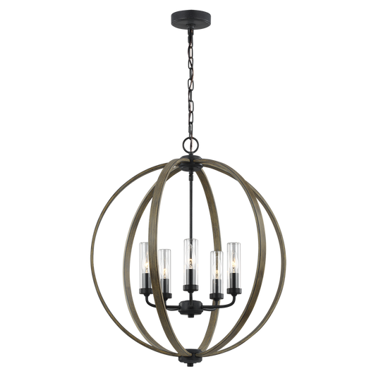 Visual Comfort Studio Sean Lavin Allier Outdoor Chandelier in Weathered Oak Wood / Antique Forged Iron OLF3294/5WOW/AF