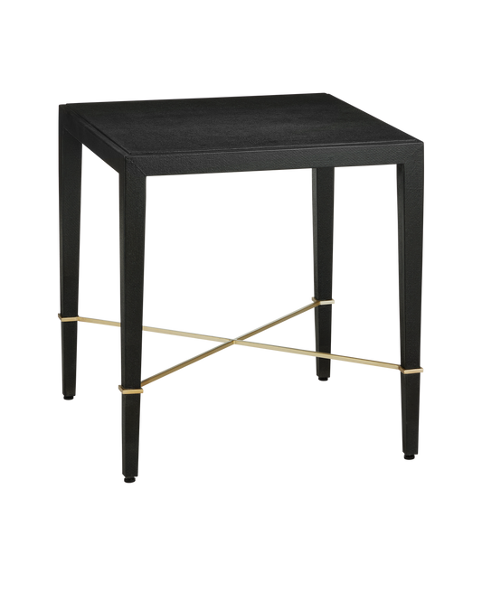 Currey & Co Verona Black Linen End Table in Black Lacquered Linen/Champagne 3000-0296